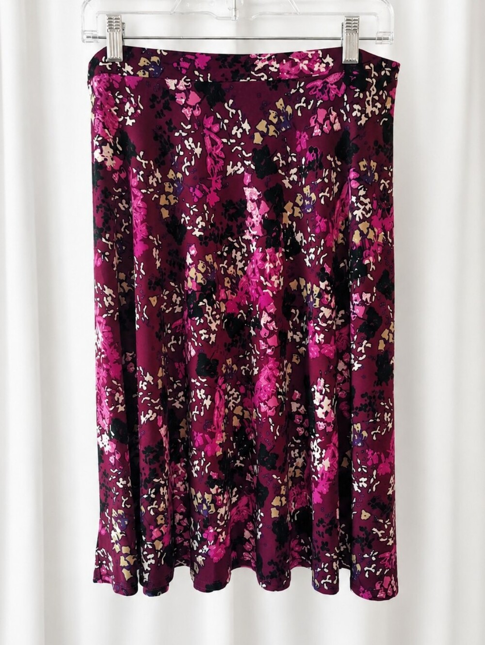 George Women's Floral Midi Skirt Maroon Black M Pull on Whimsigoth Fairy Stretch